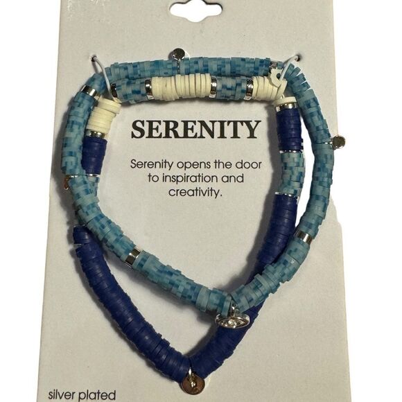 NWT Silver Plated Crystal Evil Eye and Blue Disk Bead Bracelet Set - Picture 2 of 3